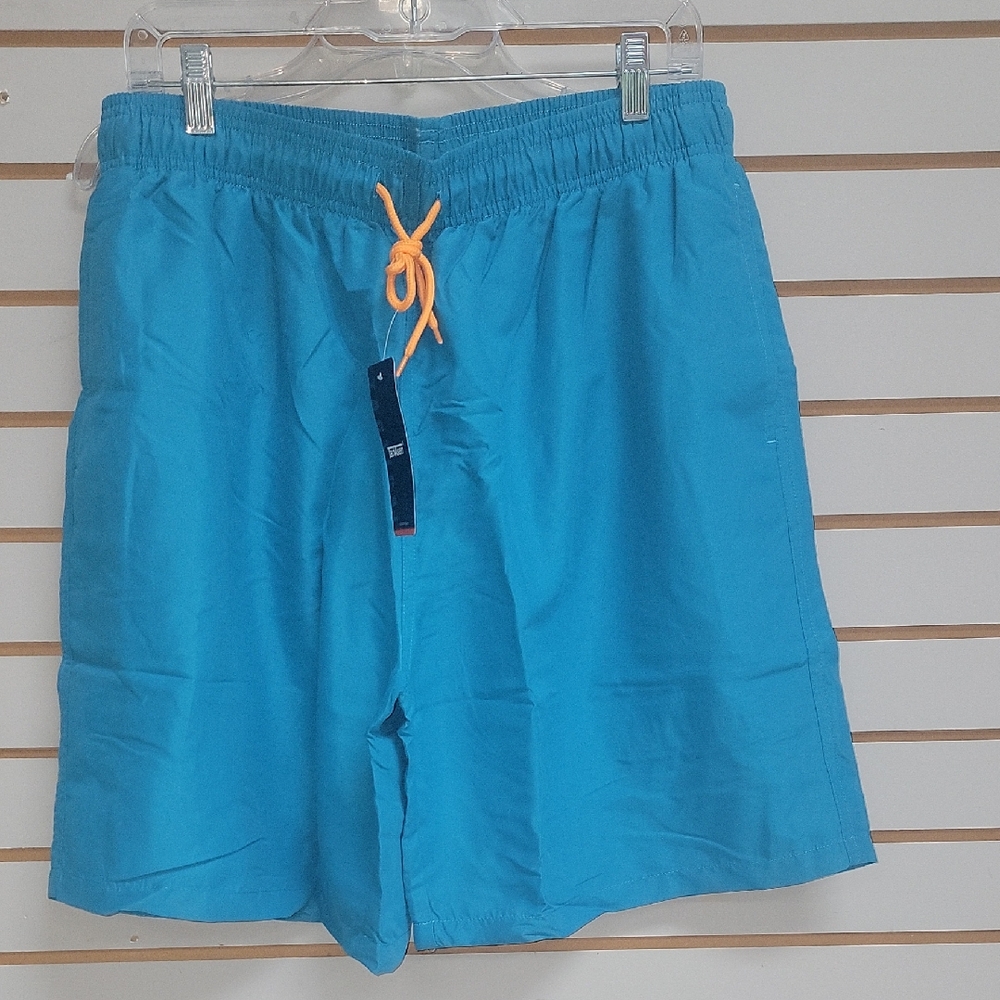 Men's Blue Swim Trunks with Orange Drawstring